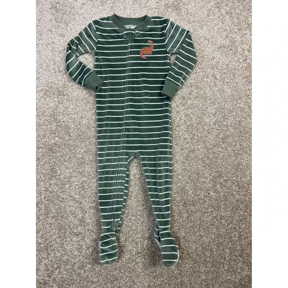 Carters Just One You Baby Boy Green Striped Dinosaur Velour Footed Sleeper 18M
